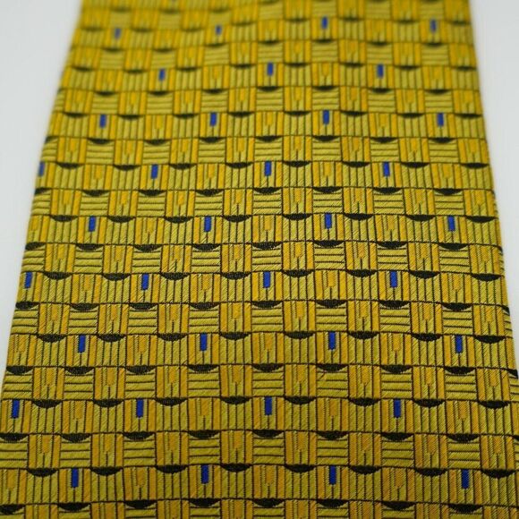 Geoffrey Beene Gold Yellow Blue Geometric Woven Wide Silk Tie - Picture 2 of 6